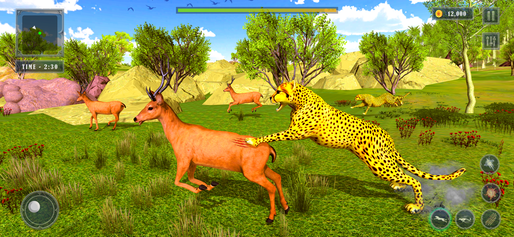 Wild Cheetah Simulator 3D - Ein 3D-Gepard jagt und greift ein Reh in einer offenen Savannenlandschaft an.