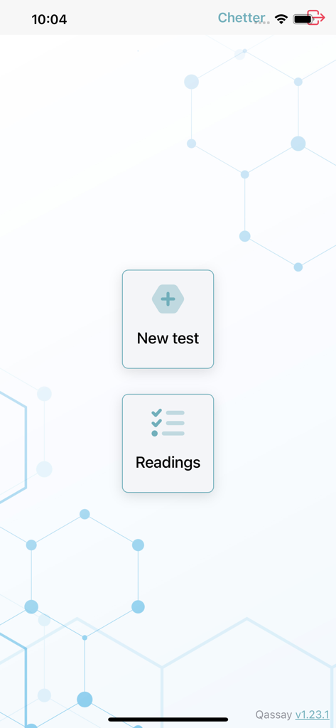 Qassay - Menú principal de la aplicación Qassay con botones para Nueva prueba y Lecturas.
