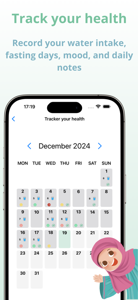 Interface do aplicativo móvel mostrando um calendário de acompanhamento de saúde mensal para registrar a ingestão de água e dias de jejum