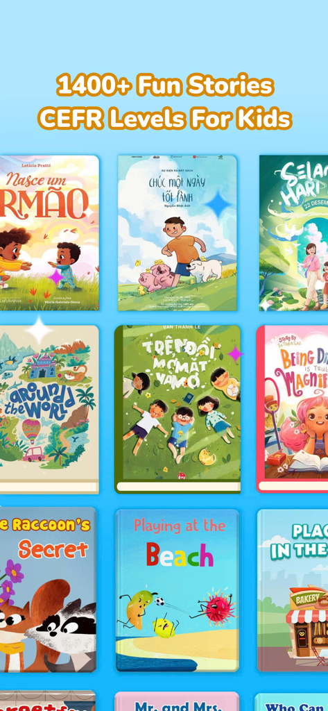 A library of diverse and colorful children storybooks within the Monkey Stories app