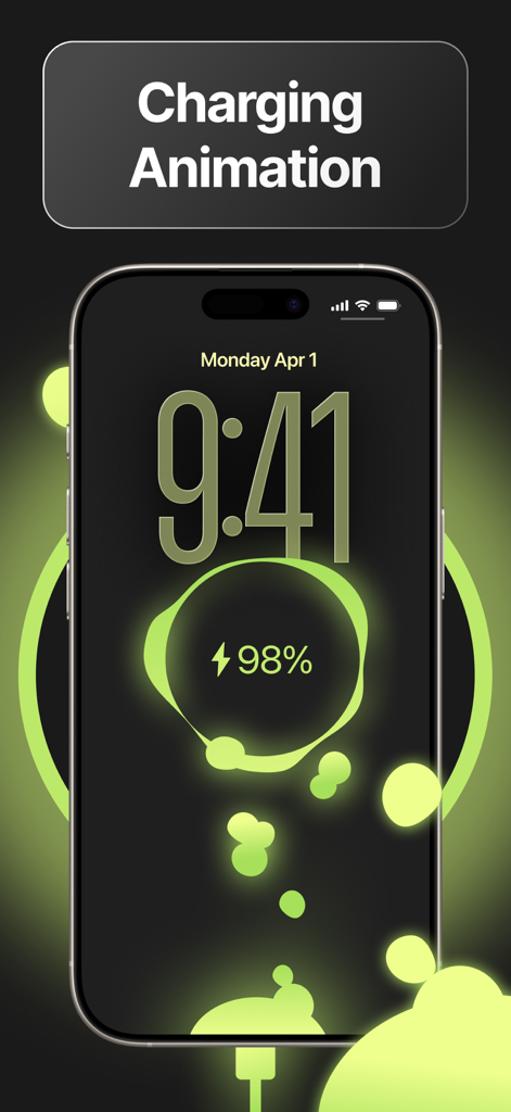 Pantalla de iPhone mostrando una animación de carga de líquido verde neón con porcentaje de batería