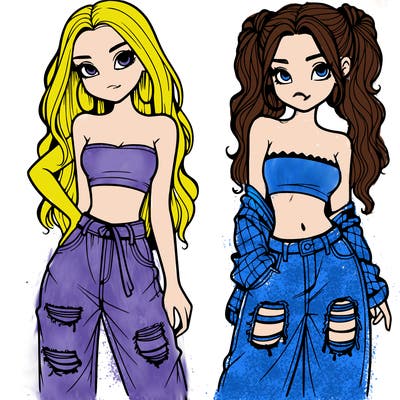 2 girls in crop tops and baggy jeans ripped