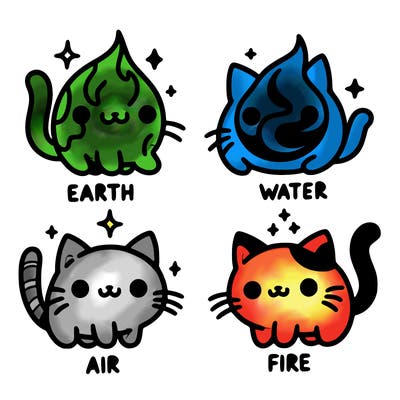 4 cats that represent the different elements, earth, water, air, and fire