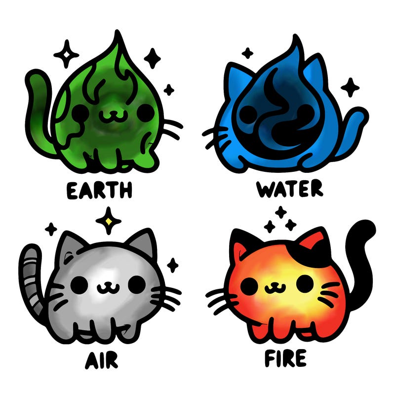 4 cats that represent the different elements, earth, water, air, and fire