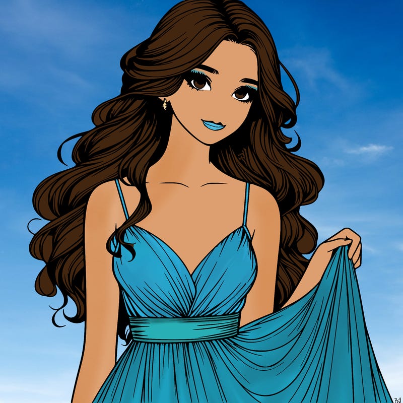realistic girl in flowy silky prom dress