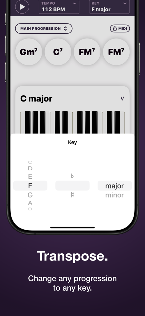 Autochords - Autochords app interface demonstrating how to transpose a chord progression to any key using a selector.
