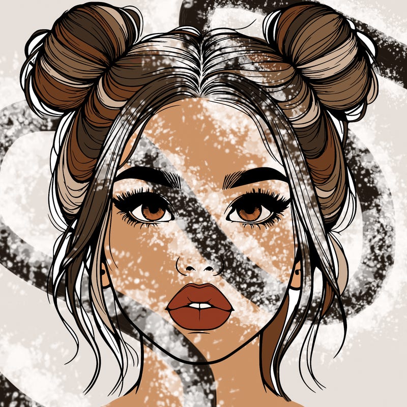 realistic girl with two buns on her hair and lips