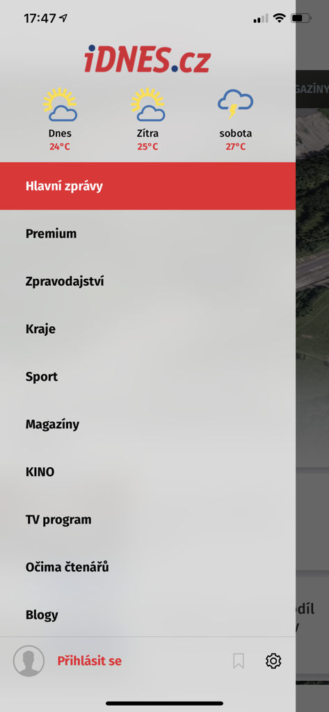 Side navigation menu of the iDNES.cz mobile app showing news categories and weather forecast