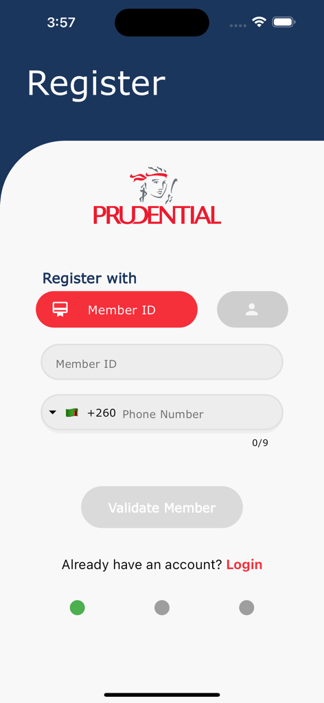 Prudential Insurance Zambia - Tela de registro do aplicativo Prudential Insurance Zambia mostrando campos para ID do membro e número de telefone