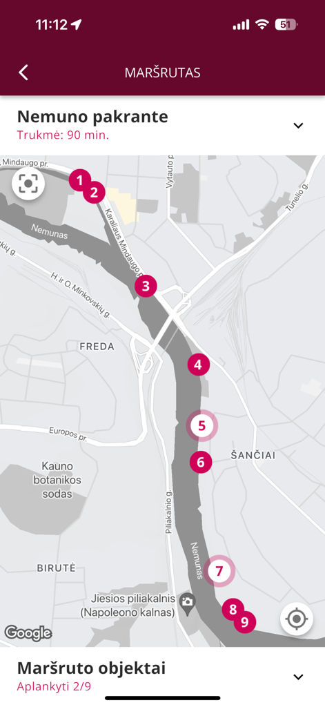 KMM - Map interface of the KMM app showing a 90-minute walking route along the Nemunas river with numbered historical sites in Kaunas