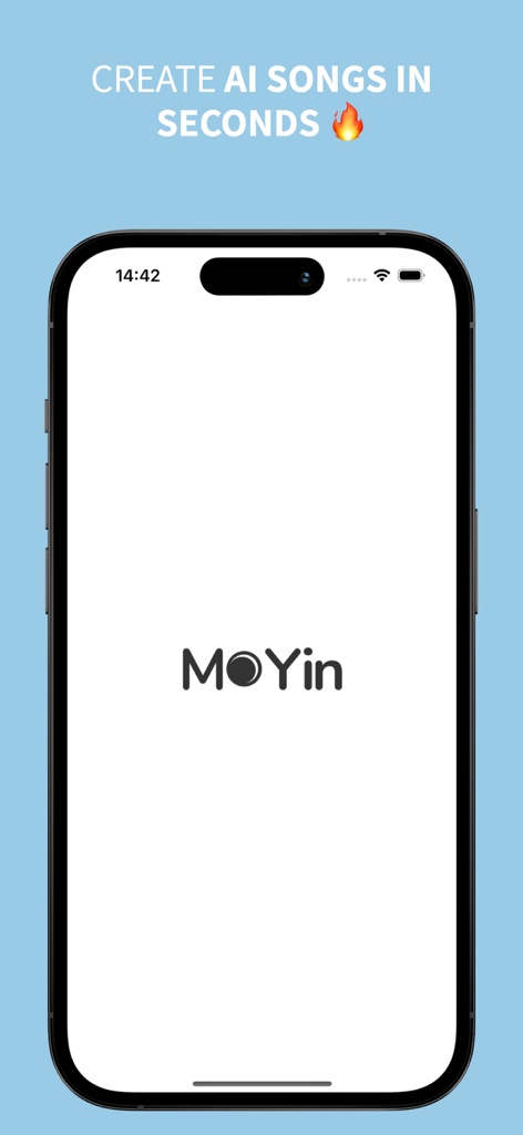 AI Music Composition Tool - A mobile phone displaying the splash screen of the MoYin AI music composition app with the text Create AI Songs in Seconds