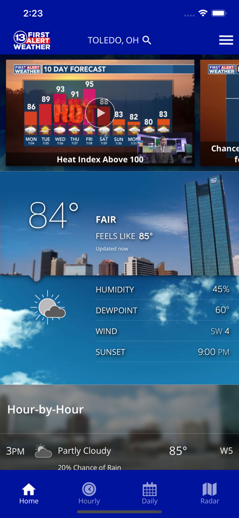 13abc First Alert Weather - 13abc First Alert Weather app interface showing Toledo current conditions and forecast.