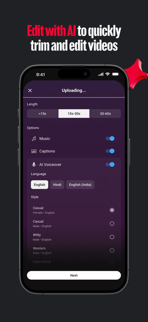 Interface de l'application YouTube Create montrant les paramètres de voix off IA et de durée de la vidéo