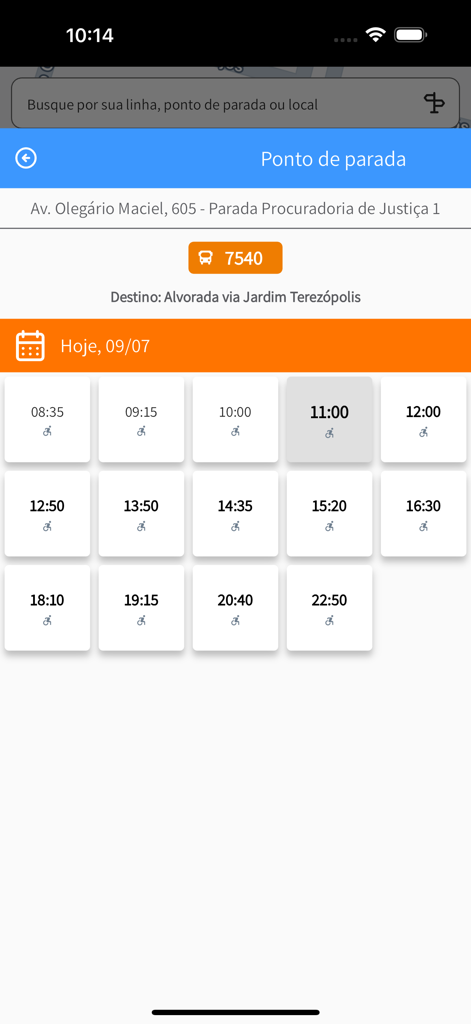 Uma lista de horários de chegada de ônibus programados para a linha 7540 em um ponto específico no aplicativo Otimo