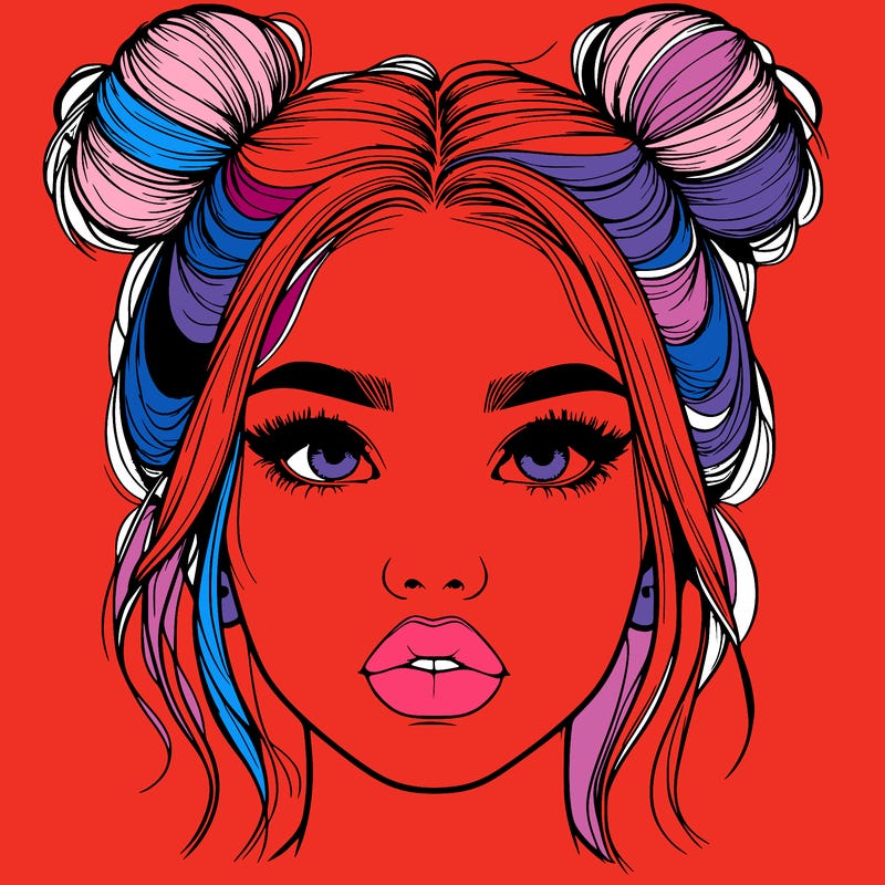 realistic girl with two buns on her hair and lips