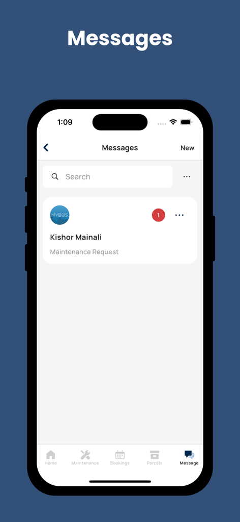 MYBOS Resident app messaging interface showing a maintenance request message