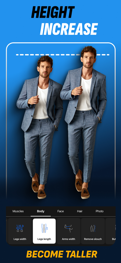 A before and after comparison of a man in a suit using the height increase and legs length tool in the Retouch Men photo editor app.
