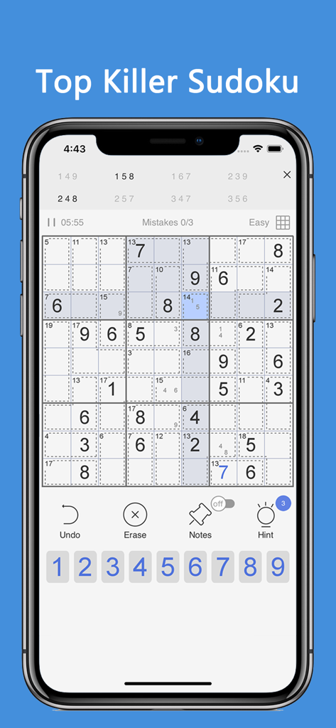 A smartphone screen displaying a Killer Sudoku puzzle grid with sum cages and a numeric keypad for gameplay.
