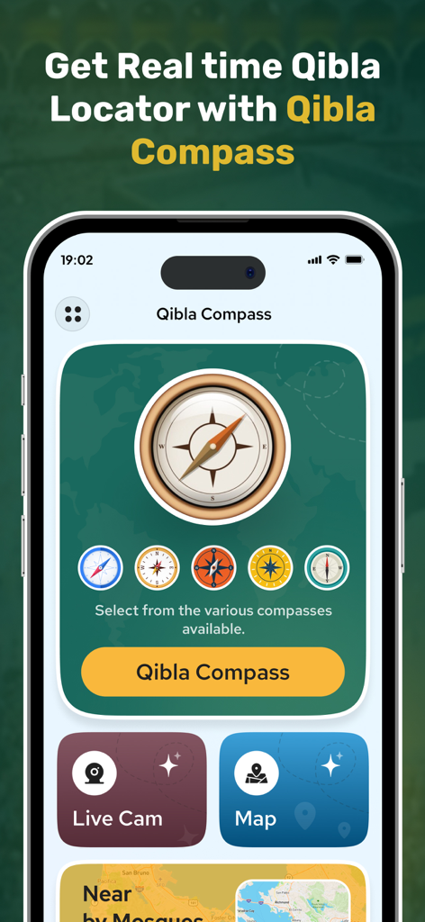 Qibla Compass - Qibla Locator - Interface de l'application Qibla Compass montrant une variété d'options de conception de boussole et des fonctionnalités de navigation comme Live Cam et Map.