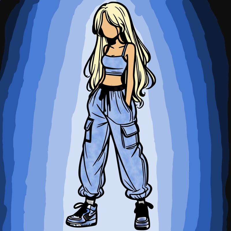 girl in baggy pants crop top and long hair