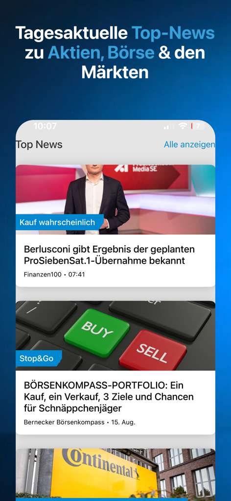 Finanzen100 - Börse & Aktien - Finanzen100 app interface showing daily top financial news and stock market analysis