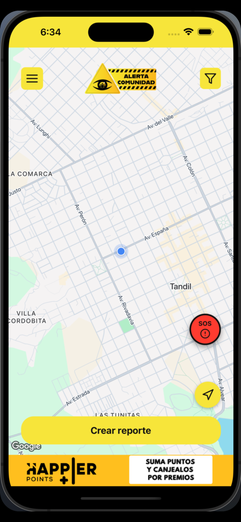 Alerta comunidad - Interfaz de la aplicación móvil Alerta comunidad mostrando un mapa local con un botón de emergencia SOS y un botón para crear un reporte.
