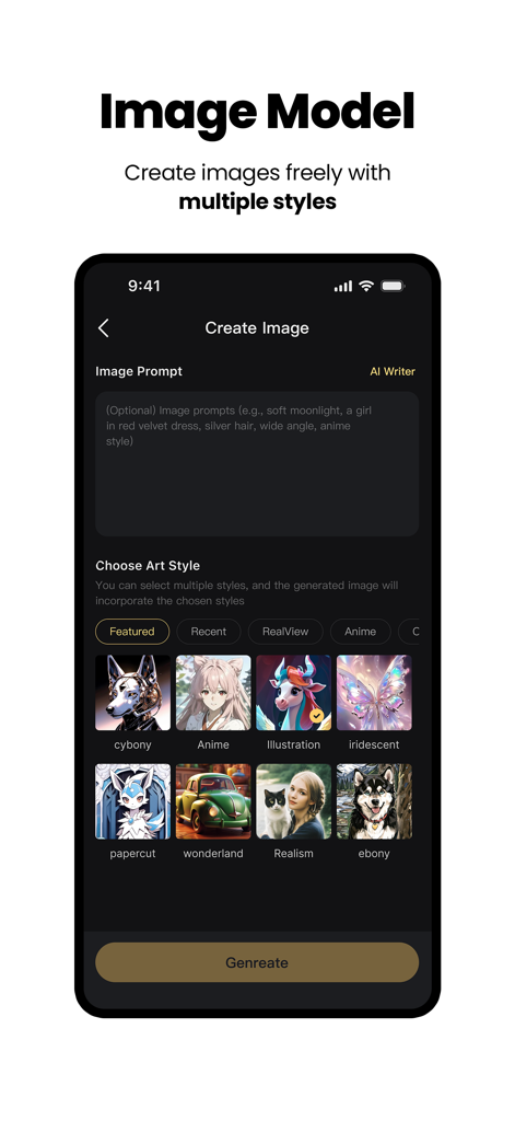Talkie Lab AI Playground interface for generating images with different art styles and custom prompts