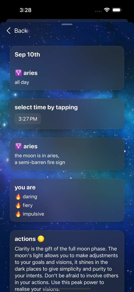 Interface of the Full Moon Phase app showing moon sign Aries with personality traits and daily action advice.