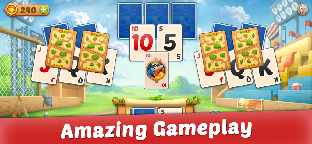 Solitaire: Forest Rescue - Solitaire Forest Rescue gameplay showing tri-peaks cards on a baseball field background