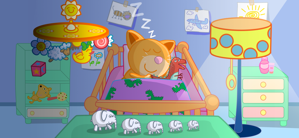 Hippo pet care game simulator - A ginger kitten sleeping in a wooden crib with a dinosaur toy in a decorated nursery