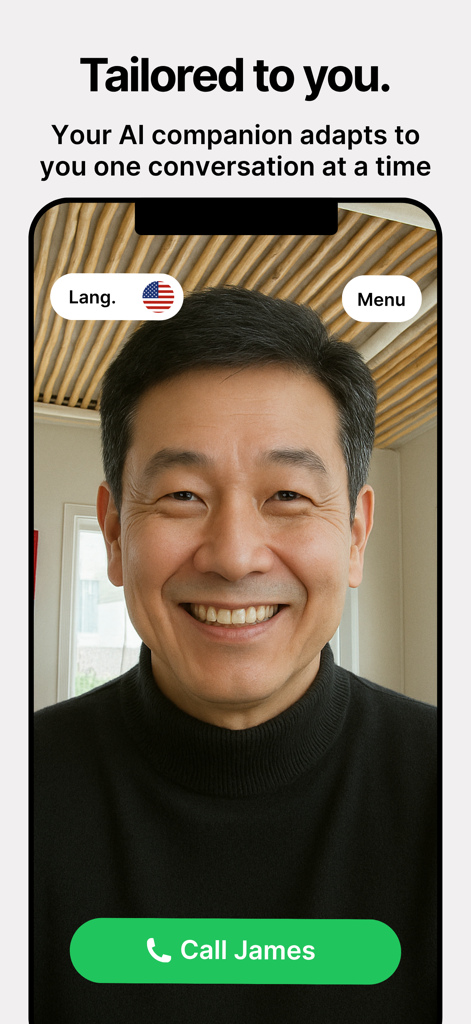 Amigo - Your AI Coach - The Amigo app interface featuring a smiling AI companion and a call button.