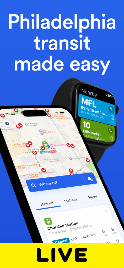 Philadelphia SEPTA Transit - Philadelphia SEPTA Transit app interface on iPhone and Apple Watch showing live transit maps and arrival times