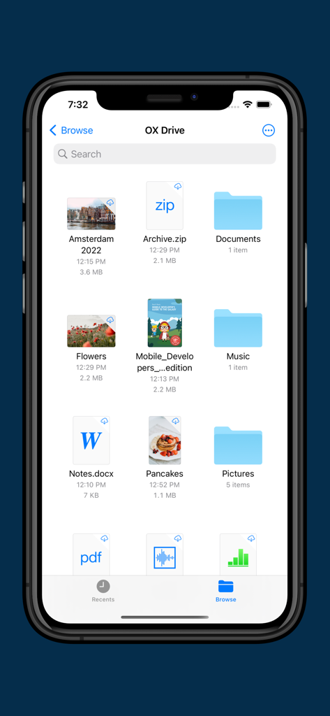 OX Drive by Open-Xchange - OX Drive app displaying folders and documents on an iPhone screen