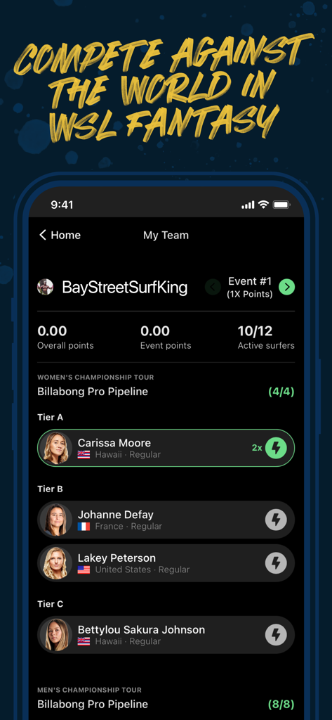 World Surf League app screenshot showing the WSL Fantasy league interface with a user's team selection including professional surfers like Carissa Moore.