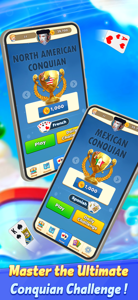 Conquian Card Game - Pantallas de smartphone que muestran los modos de juego Conquian de América del Norte y México con trofeos y botones de juego