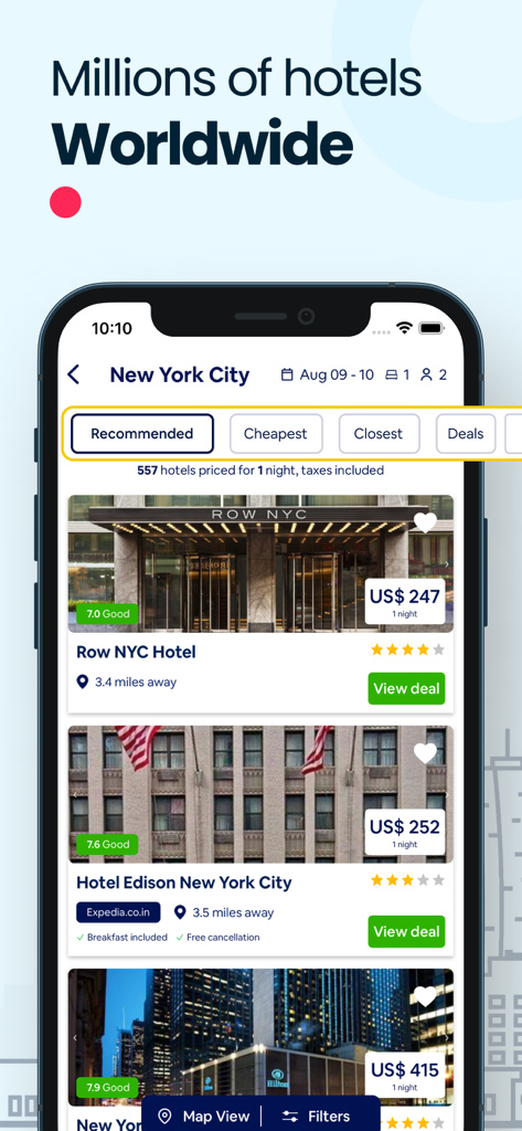 Hotel Discounts・Booking App - Mobile app interface showing hotel search results for New York City with prices and discounts