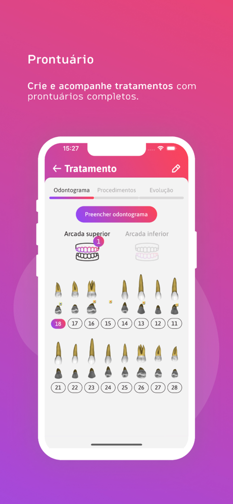 Uma tela móvel do aplicativo Dental Office exibindo um odontograma digital detalhado para rastrear tratamentos de pacientes