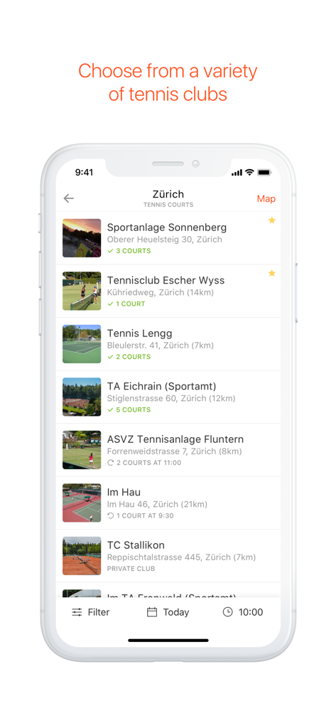 GotCourts app screen showing a variety of tennis clubs to book