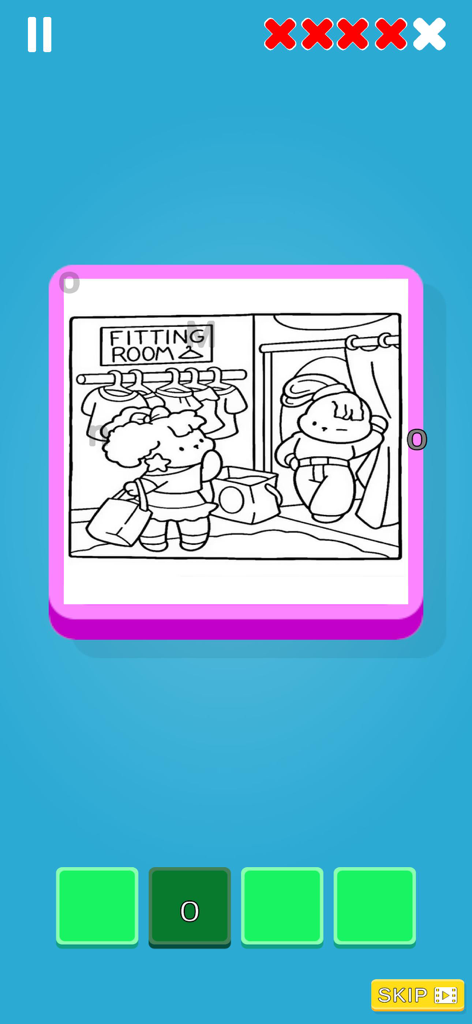 Nivel de puzle de letras ocultas con una escena de probador de dibujos animados.