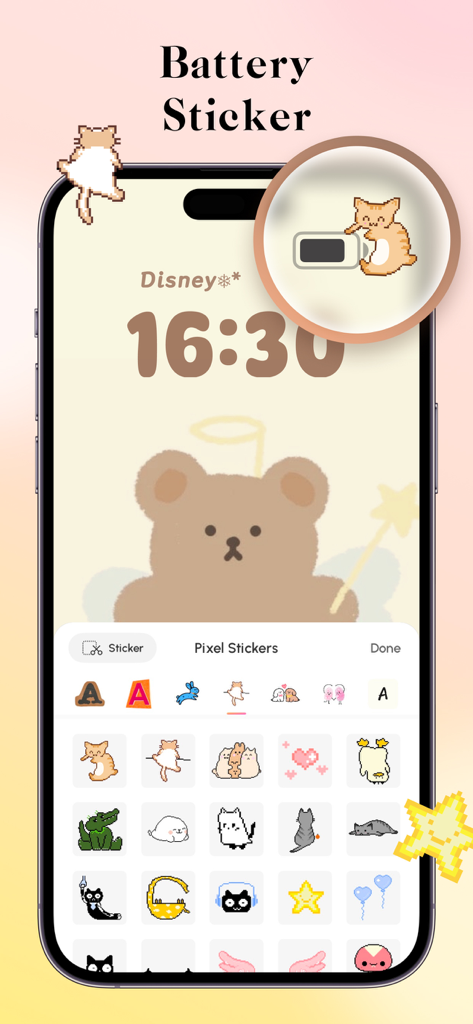 Widgify app interface showing a pixel cat sticker on an iPhone battery icon and a gallery of pixel art stickers