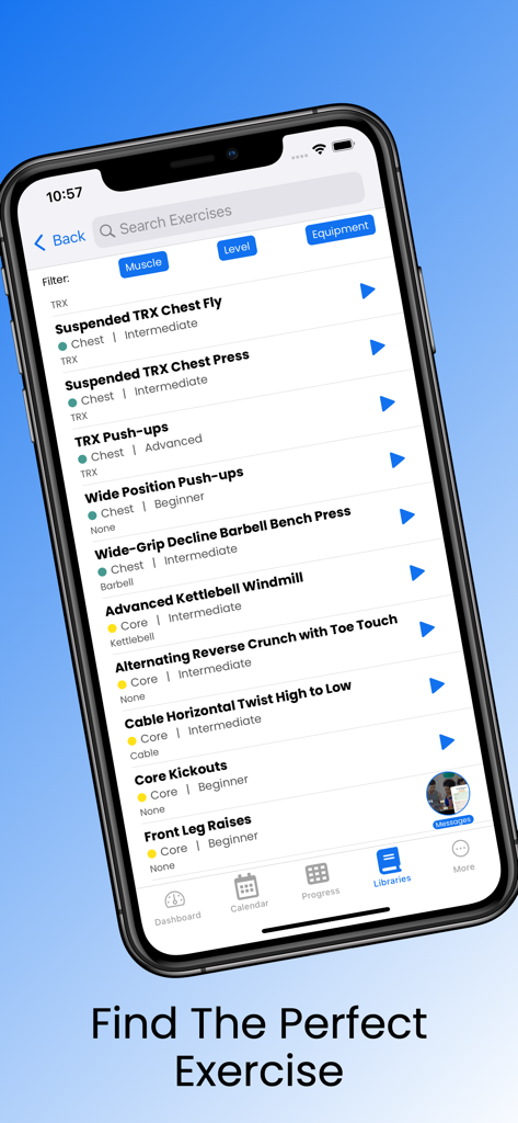 FitSW for Personal Trainers - Schermata di ricerca nell'app FitSW per personal trainer per trovare e filtrare esercizi per gruppo muscolare, livello e attrezzatura