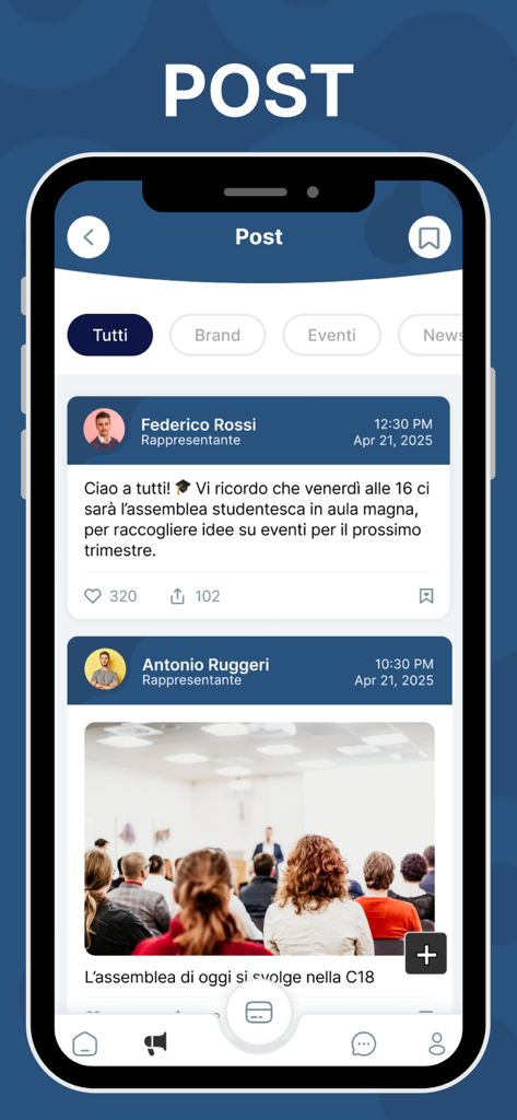 Interfaz de la aplicación Connected que muestra un feed de redes sociales para estudiantes con publicaciones de eventos escolares y actualizaciones de representantes.