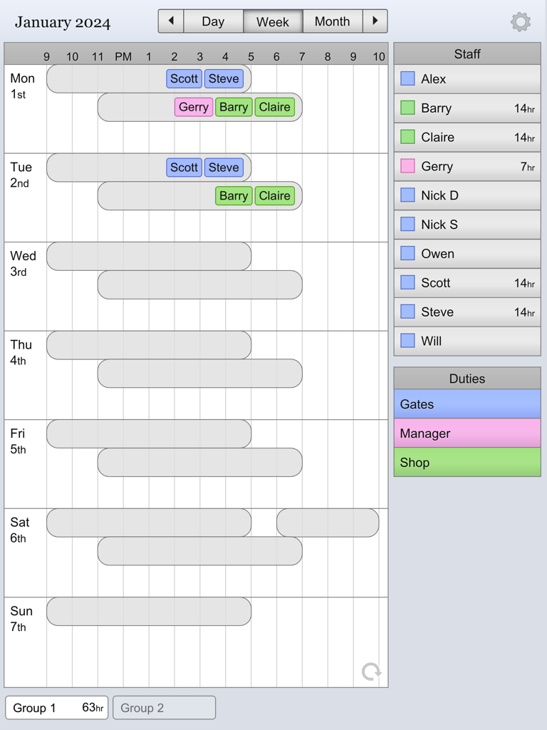 Weekly staff rotation board showing shift assignments and employee names.