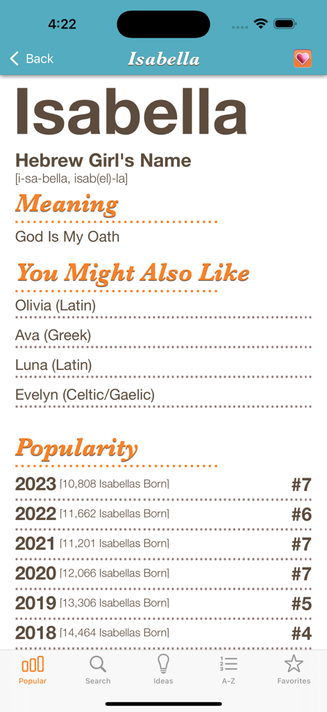 Baby Names™ - Screenshot of Baby Names app showing the meaning and popularity trends for the name Isabella