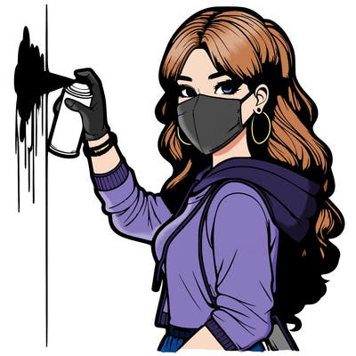 realistic girl with mask spray painting a wall