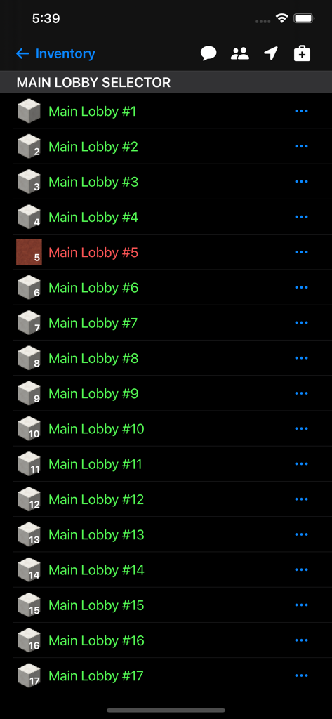 Main lobby selection screen in the ChatCraft Pro for Minecraft app showing a list of server lobbies