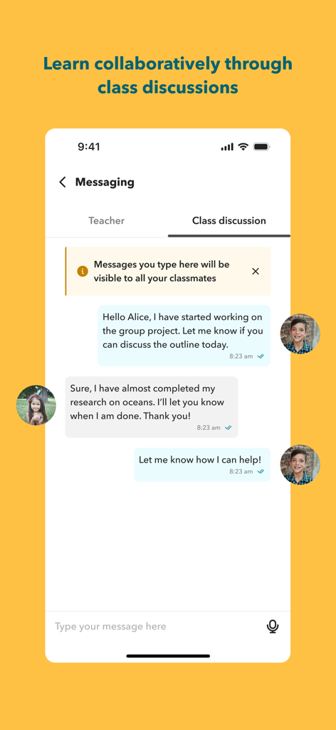Toddle Student - A mobile interface of the Toddle Student app showing a moderated class discussion where students collaborate on school projects