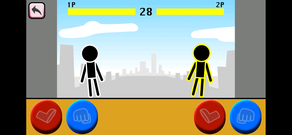 Two stickman characters in a local multiplayer match on one screen with punch and kick buttons