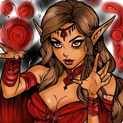 realistic scary beautiful elf sorceress casting spell