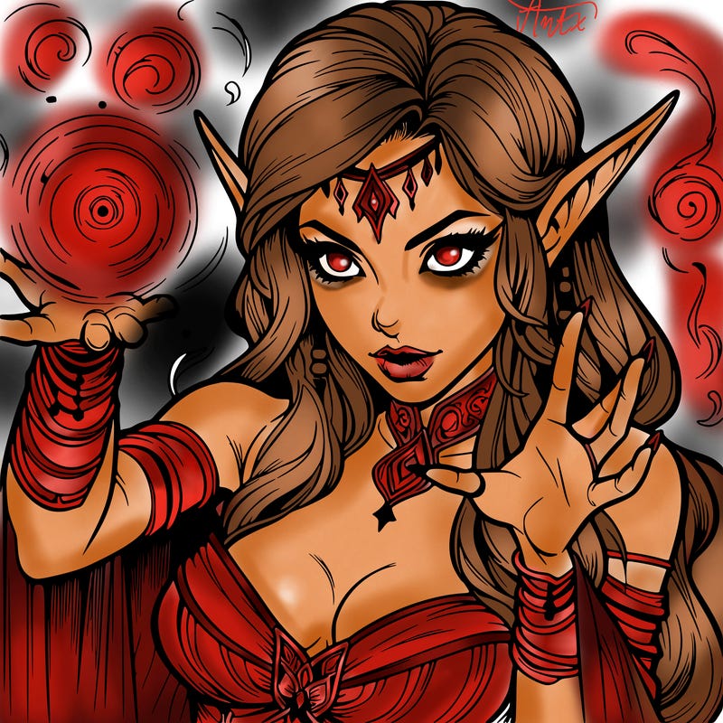 realistic scary beautiful elf sorceress casting spell